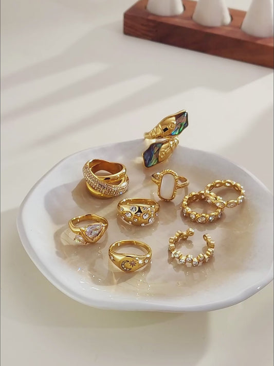 Handmade Starburst Ring for Women  with 18K Real Gold PVD Coating and Rhinestone Inlay