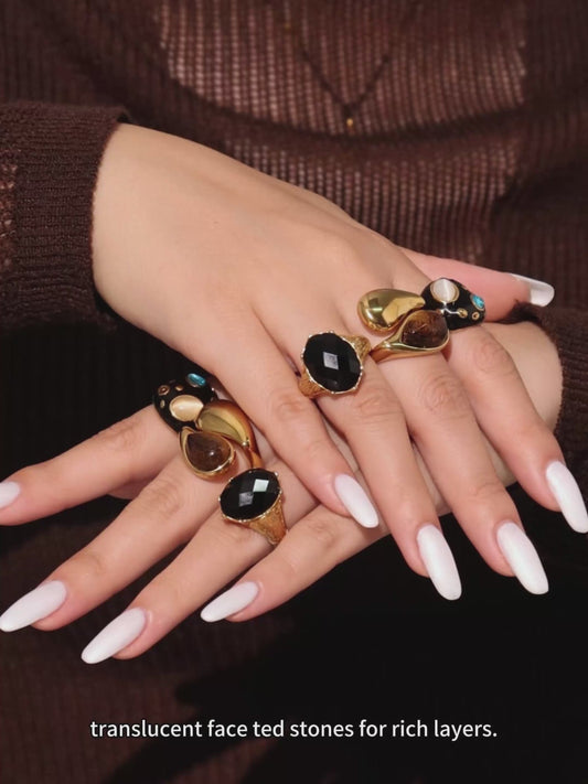 Waterproof Non Tarnish Rings for Women with 18K Gold Plated PVD Coating and Tiger Eye Inlay